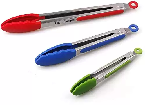 Hot Target Set of 3: 7, 9, 12 inches, Heavy Duty, Non-Stick, Stainless Steel Silicone BBQ and Kitchen Tongs. Heat resistant up to 600°F (Multicolor)