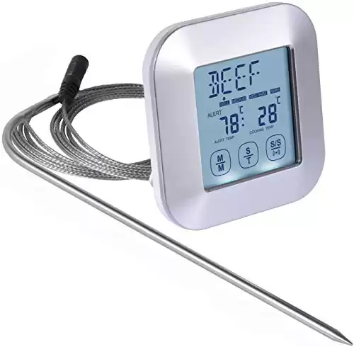 Digital Cooking Thermometer; Food Grade Stainless Steel Single Probe; Touchscreen, Timer and Magnet; Best for Meat, Poultry or Fish; Roast, Smoke or Bake; Barbecue Pit, Steak Grill or Kitchen Oven