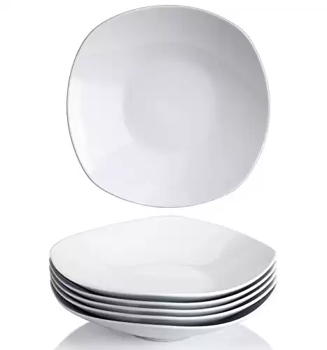 Y YHY Pasta Salad Bowls, White Porcelain Square Bowl Set, 9 Inches, Wide and Shallow, Set of 6