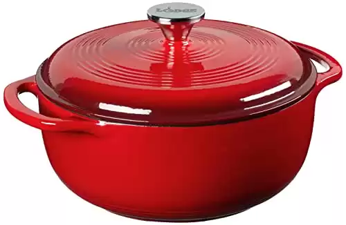 Lodge 4.5 Quart Enameled Cast Iron Dutch Oven with Lid – Dual Handles – Oven Safe up to 500° F or on Stovetop - Use to Marinate, Cook, Bake, Refrigerate and Serve – Island Spice Red