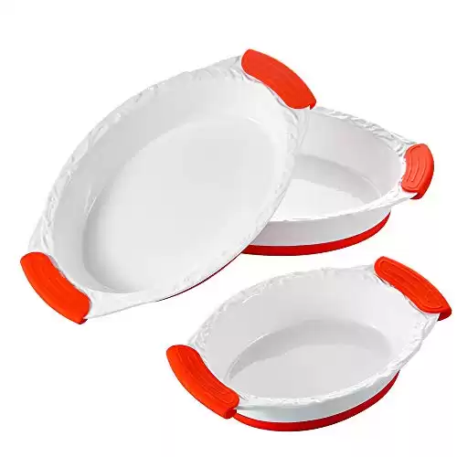 Malacasa Series Bake Porcelain Oval Bakeware Pans China Serving Tray Ceramic Baking Plates Set With Red Silicone Handle Dish, Ivory White, Set Of 3