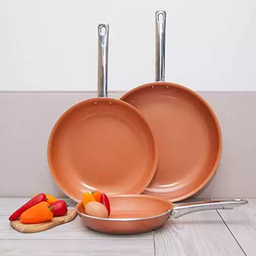 Imperial Home Copper Aluminum Frying Pans - 3 pc Nonstick Fry Pan Set - 8", 10" and 12" (Metal Handles)