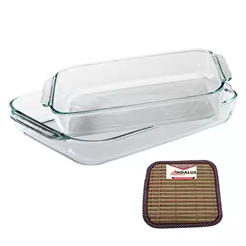 Pyrex Basics 2 Piece Value Plus Pack with 2 & 3 Quart Clear Oblong Glass Baking Dishes - Includes Bamboo Hot Pad by Andalus