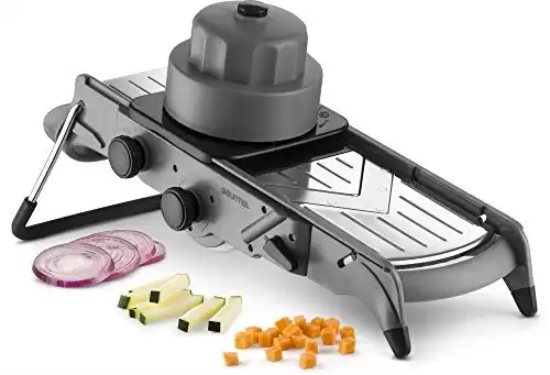 Gourmia GMS9625 Mandolin Slicer And Dicer–All In One V Blade For Julienne Slicing and Dicing- Adjustable Thickness – Stainless Steel Blades-Angled Stand For Easy Chopping BPA Free, Dishwasher Safe