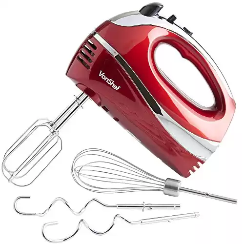 VonShef RED 250W Hand Mixer Whisk With Chrome Beater, Dough Hook, 5 Speed and Turbo Button + FREE Balloon Whisk