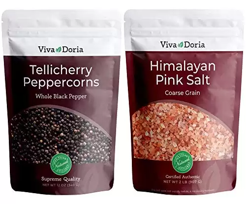 Viva Doria Tellicherry Peppercorn - Black Peppercorns (Steam Sterilized Whole Black Pepper) 12 oz and Himalayan Pink Salt (Coarse Grain) 2 lb for Grinder Refills