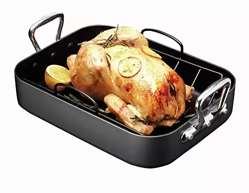 Roasting & Baking Pan V Shape Non Stick Rack, Heavy Duty Hard Anodized Aluminum Body – Oven Safe – Large 14’’x18’'x3.6" Size – For Turkey, Chicken, Lasagne & More