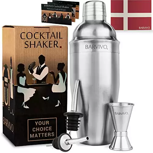 Barvivo Cocktail Shaker Set with Double Jiggers & 2 Liquor Pourers - 24oz Cocktail Set Martini Shaker Made of Brushed Stainless Steel with Cocktail Strainer - Premium Cocktail Accessories for Drin...