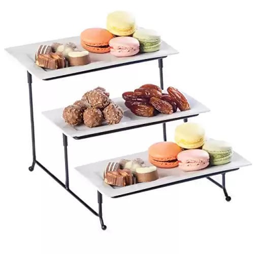 Food Serving Tray Set 3 Tier Metal Display Stand With Three White Rectangular Dishes Platters Wire Footed Steel Rack For Salad Bowls Fruit Cake Cookies Collapsible Classy Serveware for Parties Hosting