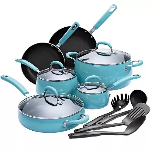 Finnhomy Hard Porcelain Enamel Aluminum Cookware Set, Ceramic Cookware Set, New Technology Double Nonstick Coating Kitchen Pots and Pan Set, 14-Piece, Blue