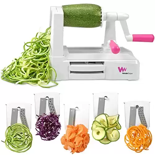 WonderEsque Zoodle Maker Vegetable Spiralizer - Veggie Spiral Slicer - Zucchini Spaghetti Noodle Pasta Maker - Includes Cleaning Brush and Spiralizer Recipes EBook - More Compact