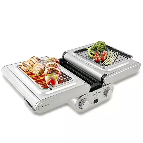 NutriChef Cooking Grill | Fold-Out Indoor/Outdoor Electric Griddle with Vertical Grill Rack | For Fish, Steak, Skewers | Tabletop Safe | Teflon Tray | Drip Pan | Rotary Timer - Max Temp 464F (PKFG31)