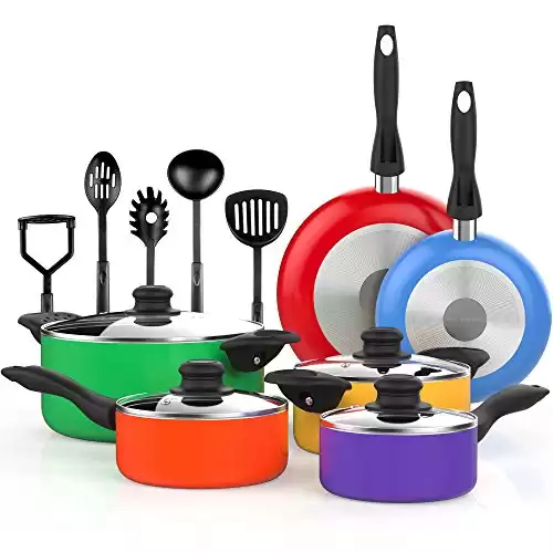 Vremi 15 Piece Nonstick Cookware Set - Kitchen Pots and Pans and Cooking Utensil - Sets of 4 Non Stick Stock or Sauce Pot and 2 Frying Pan for Camping - Yellow Blue Red Purple Green Orange - Oven Safe