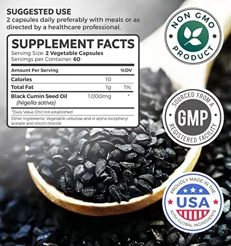 Black Seed Oil - 120 Softgel Capsules (Non-GMO & Vegetarian) Premium Cold-Pressed Nigella Sativa Producing Pure Black Cumin Seed Oil with Vitamin E - 500mg Each, 1000mg Per Serving